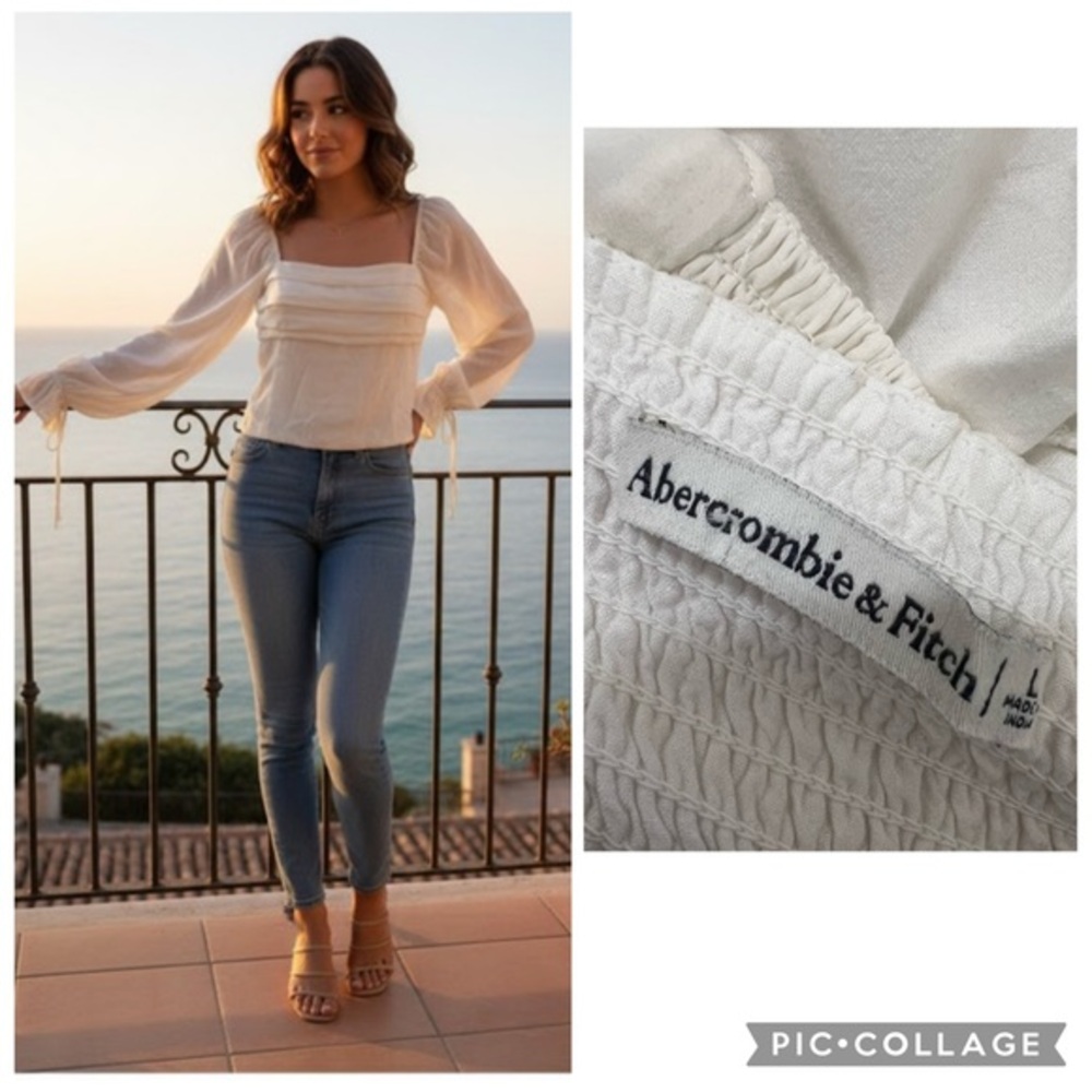 Abercrombie & Fitch Cream Square Neck Long Sleeve Blouse